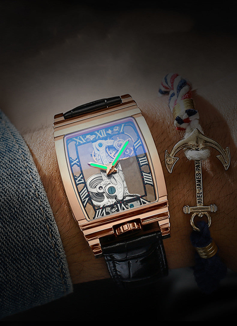 Daystar Square Mechanical Watch - Unisex Leather Strap