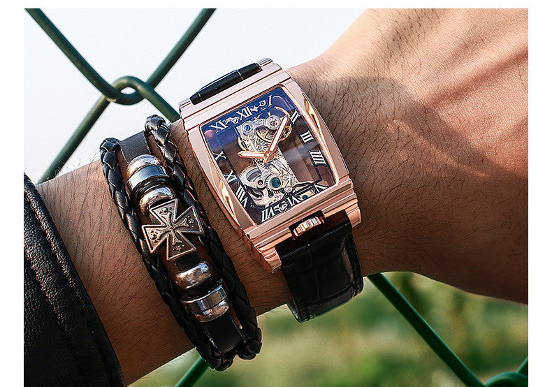 Daystar Square Mechanical Watch - Unisex Leather Strap