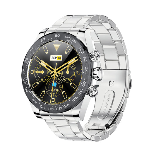 Silver smartwatch with a black dial on a white background