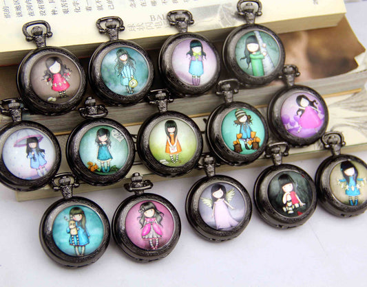 Set of pocket watches with illustrated characters on a white surface.