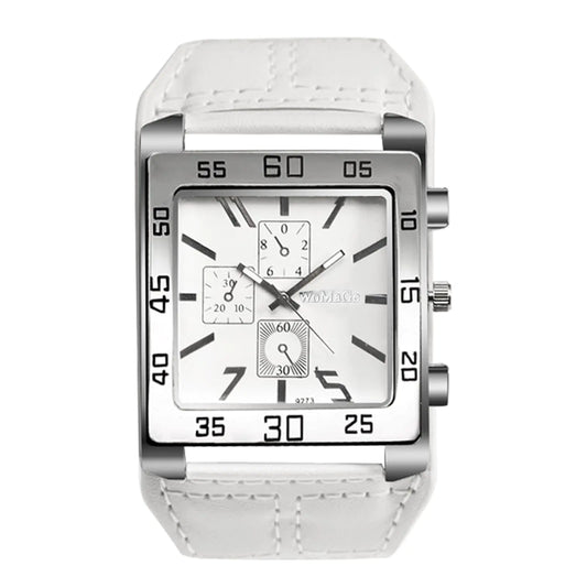 White wristwatch with a detailed face on a white background