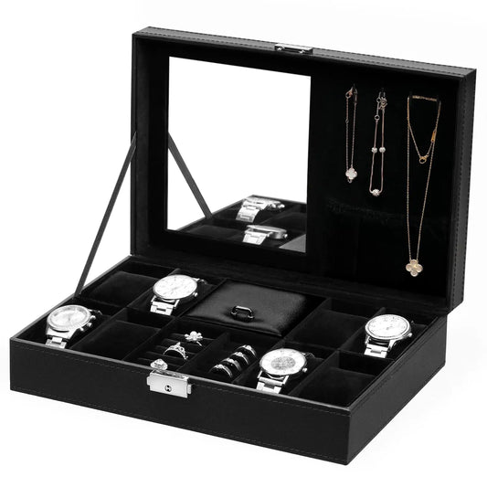 Black jewelry display box with watches, rings, and necklaces on a white background