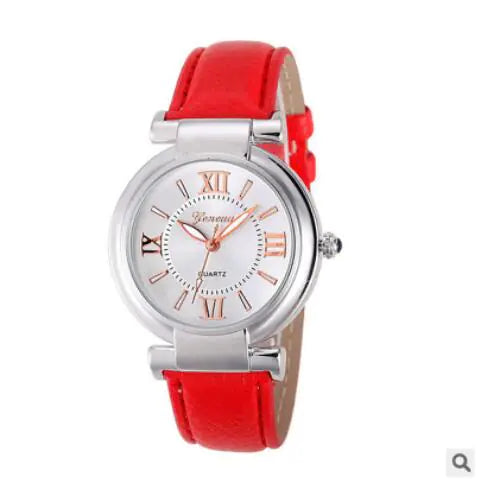 Watch with a red strap and silver case on a white background