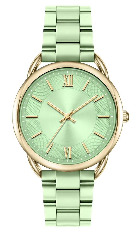Green watch with gold accents on a white background
