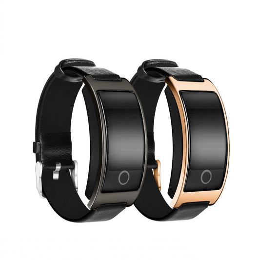 Two black and rose gold smartwatches on a white background