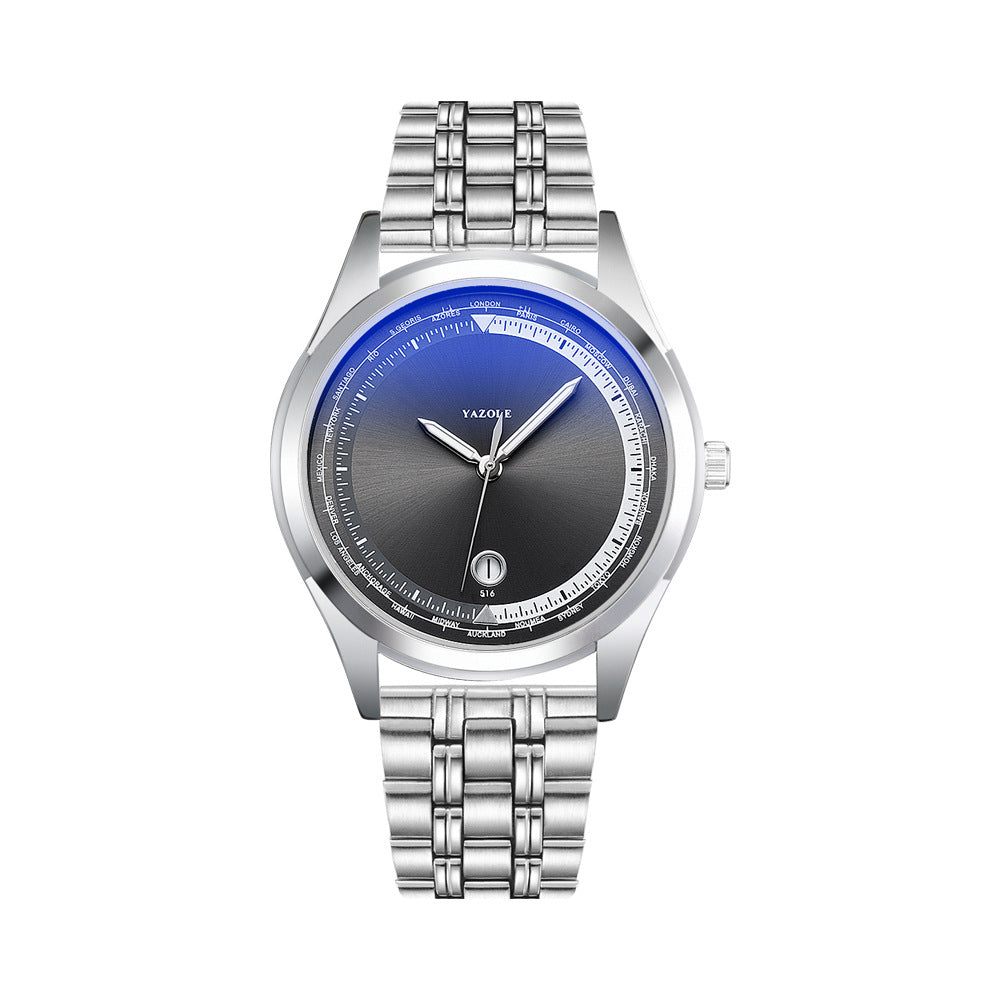 Silver watch with a blue and black face on a white background