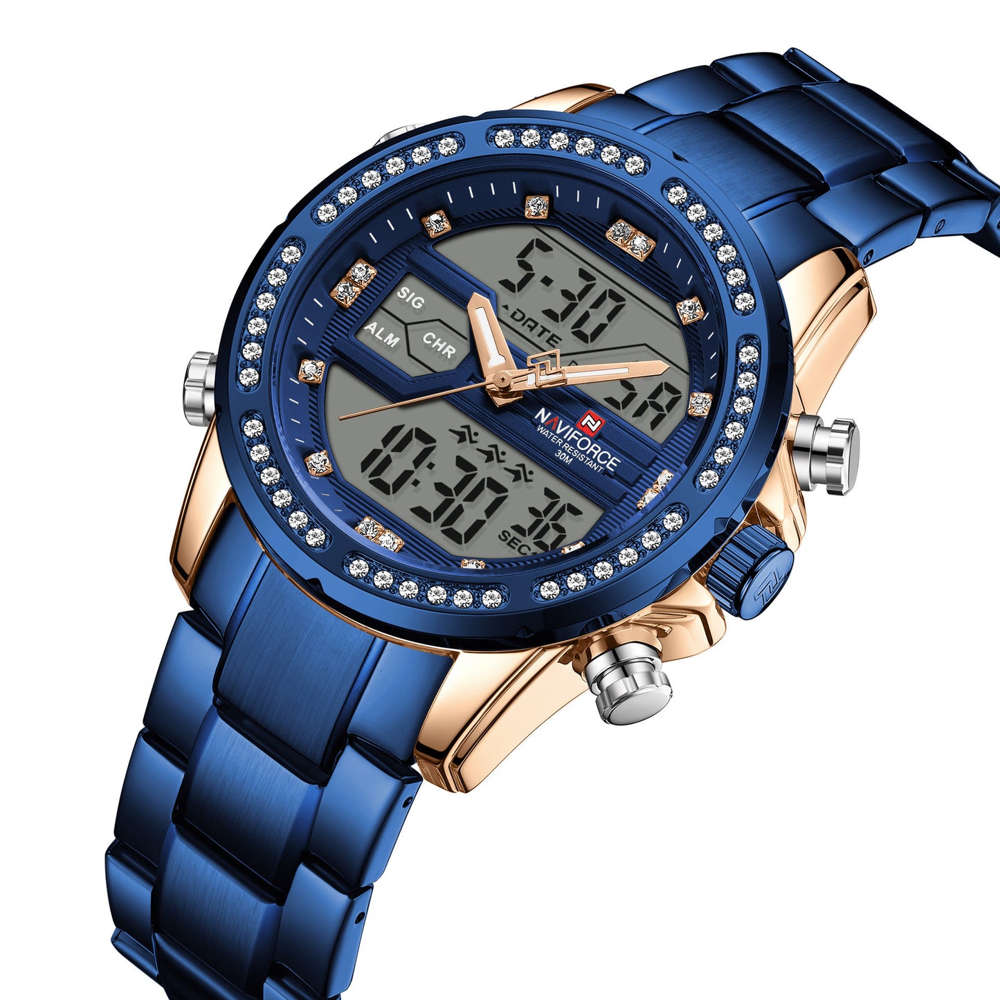 Blue and rose gold watch with digital display on a white background