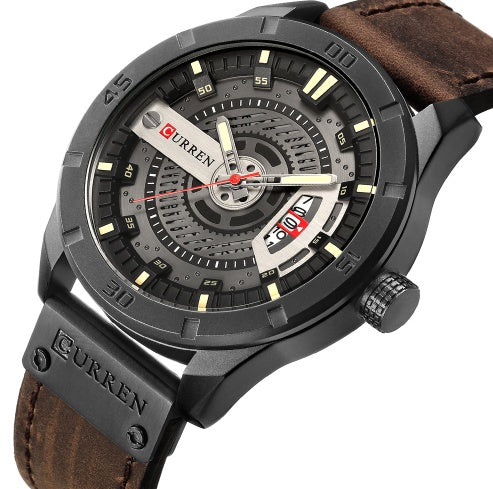 "CURREN military sports watch with brown leather strap"