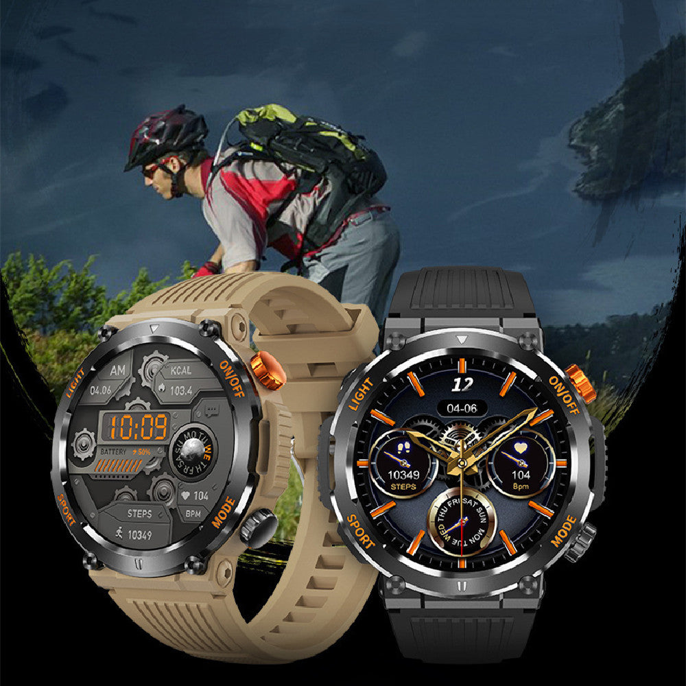 Two watches displayed with a mountain bike rider in the background