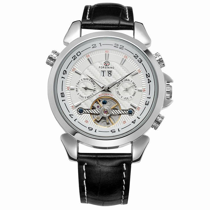 Watch with black leather strap and white face on a white background