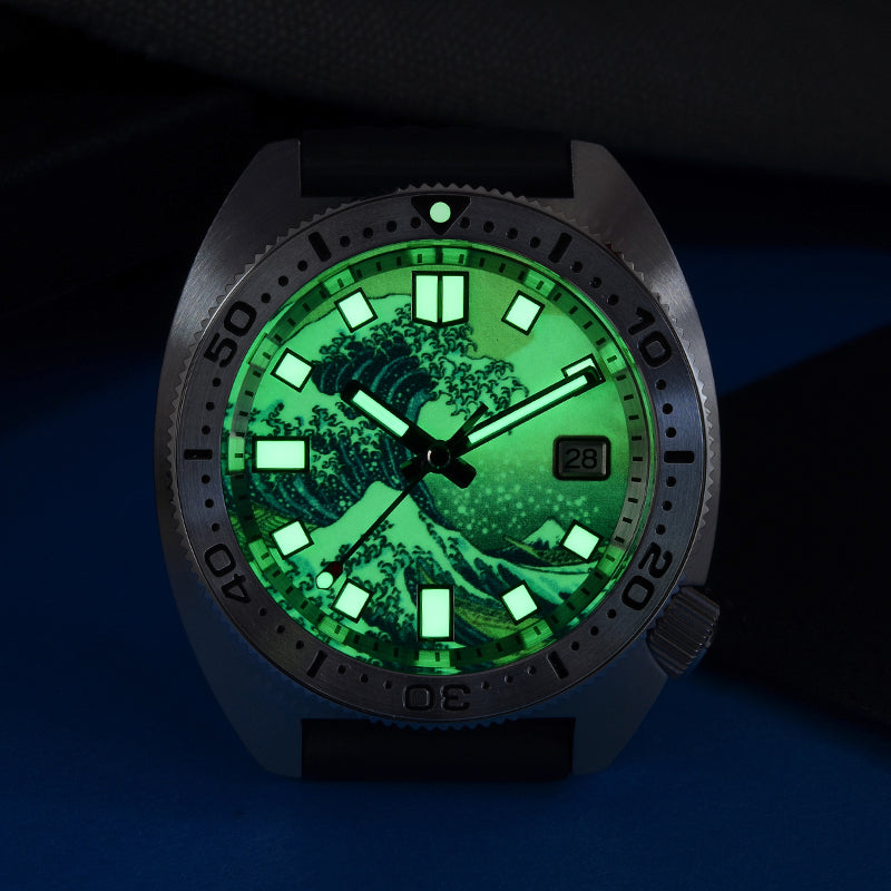 Watch with a green glow-in-the-dark face on a dark background