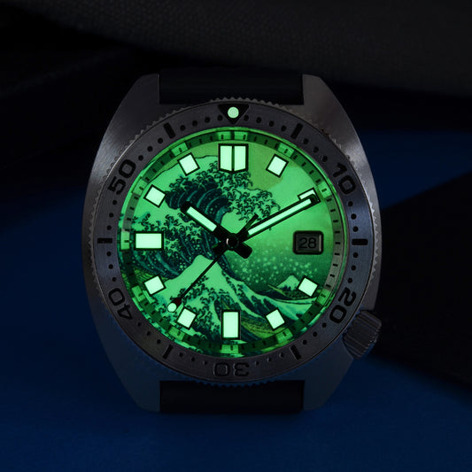 Watch with a green glow-in-the-dark face on a dark background