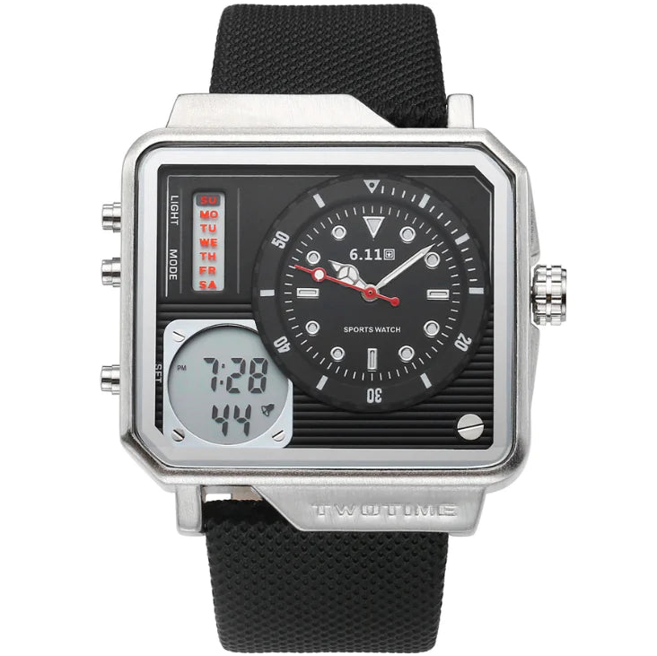 Multifunctional watch with digital and analog display on a white background