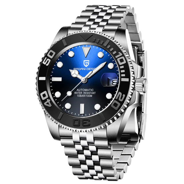 Silver watch with blue dial on a white background