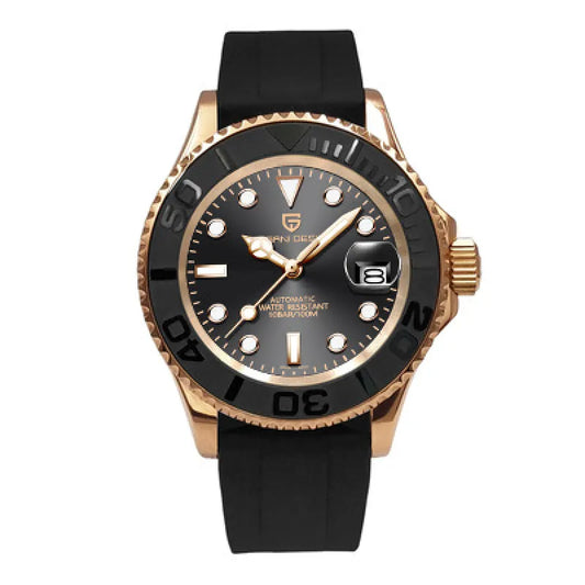 Black and rose gold watch with a black strap on a white background