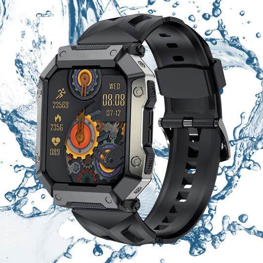 Black smartwatch with water droplets in the background