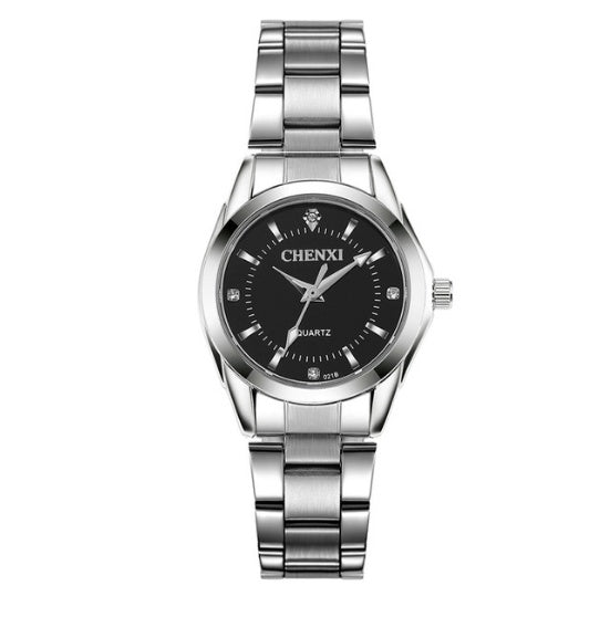 Silver watch with black dial on a white background