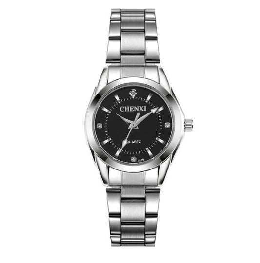 Silver watch with black dial on a white background