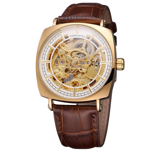 Watch with brown leather strap and gold case on white background