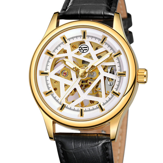 Gold wristwatch with black leather strap on a white background
