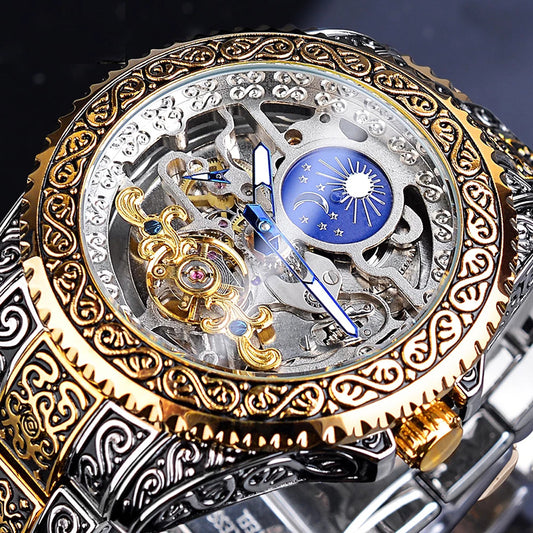 Close-up of a intricately designed watch with gold and silver accents.