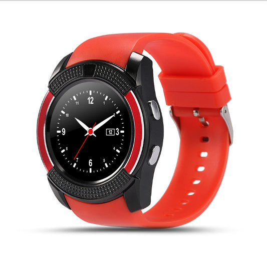 Red smartwatch with a black dial on a white background