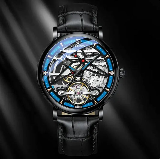 Luxury watch with black leather strap and transparent face on a dark background