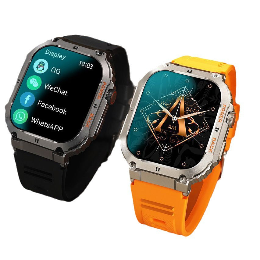 Two smartwatches, one black and one with an orange band, on a white background.