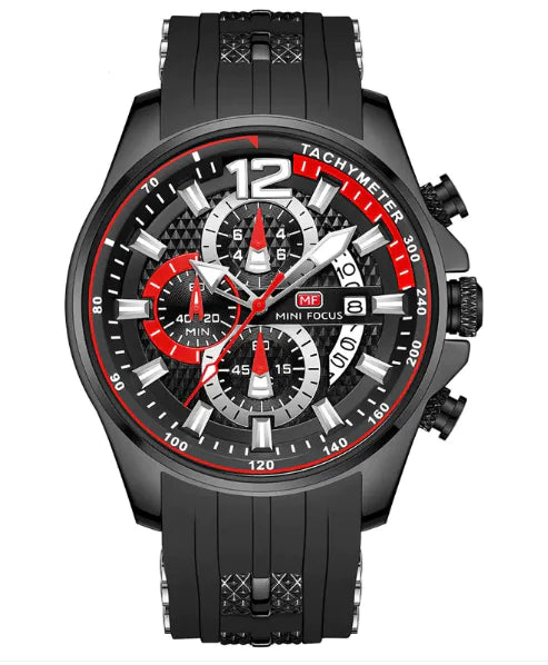 Black and red watch with detailed face on a white background