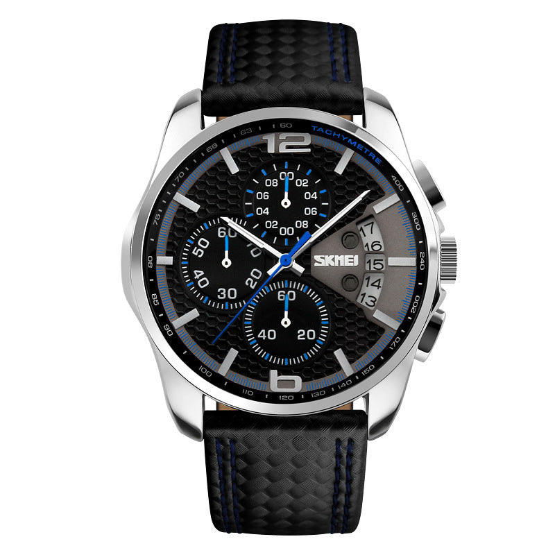 Black wristwatch with blue accents on a white background