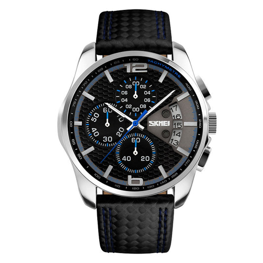 Black wristwatch with blue accents on a white background
