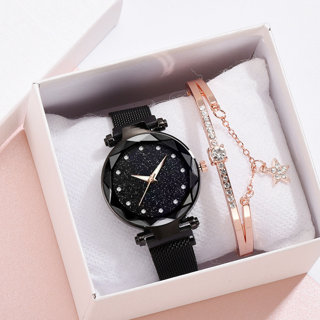 Black watch and rose gold bracelet set in a white box