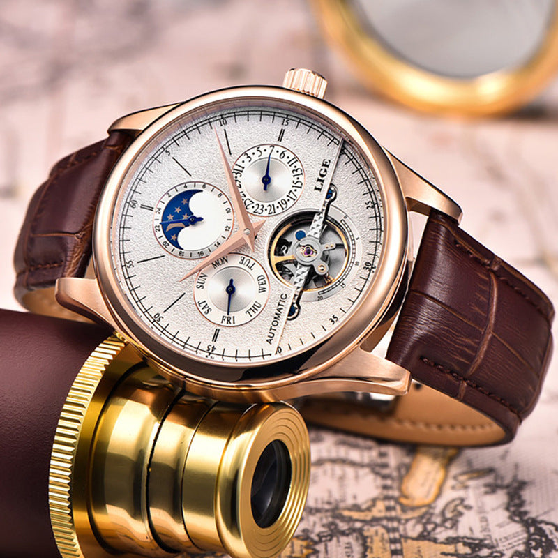 Luxury watch with brown leather strap and gold casing on a world map background