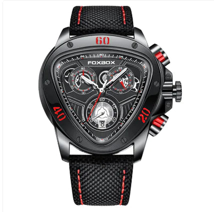 Black and red watch with detailed face on a white background