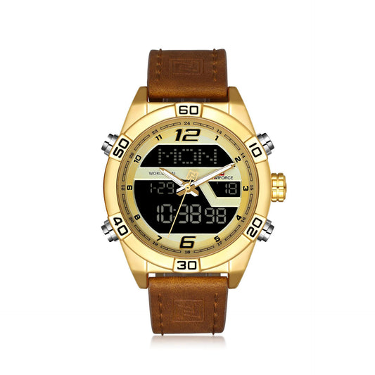 Gold digital watch with brown leather strap on a white background