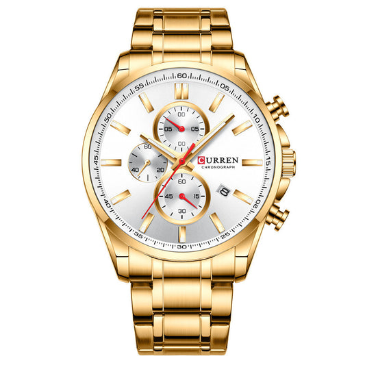 Gold wristwatch with a white face on a white background