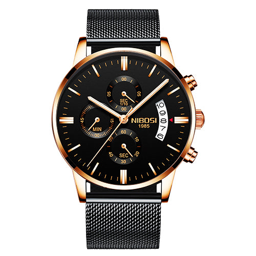 Black and rose gold watch with 'NIBOSI' branding on a white background