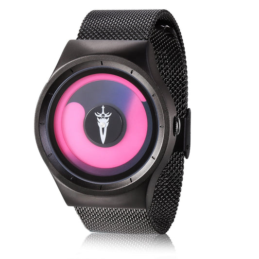 Black watch with a pink face on a white background