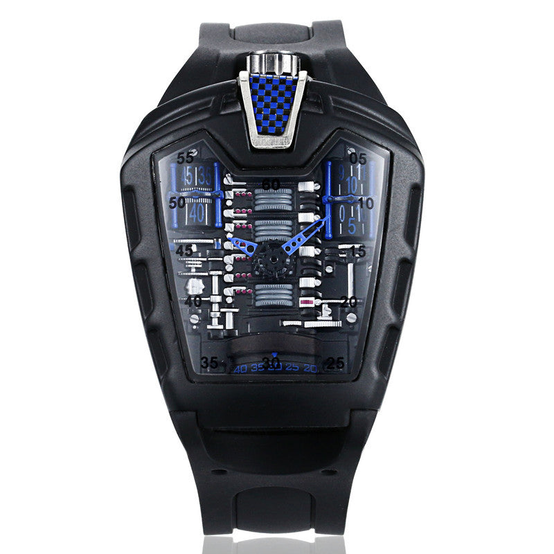Black and blue futuristic watch on a white background