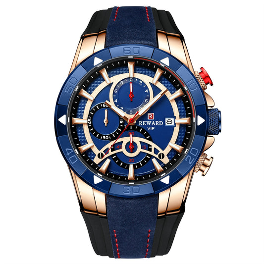 Luxury watch with blue strap and detailed face on a white background