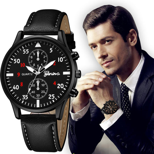 Black wristwatch with detailed face and leather strap, displayed with a man in a suit.
