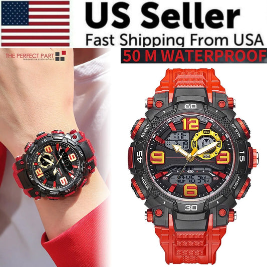 Red and black watch with digital and analog display on a wrist, with promotional text about US seller and waterproof feature.