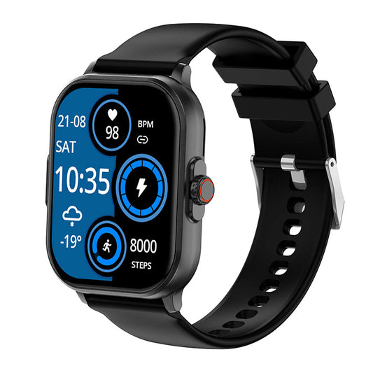 Black smartwatch with a blue display on a white background
