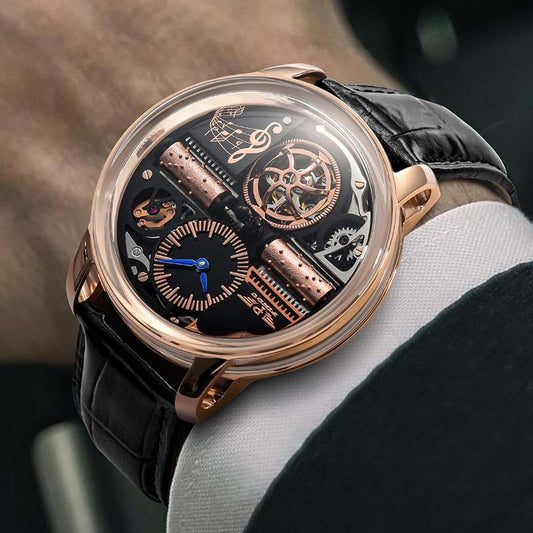 Luxury watch with intricate design on a wrist against a blurred background