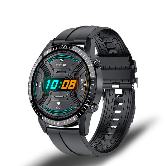 Black smartwatch with digital display on a white background