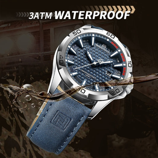 Wristwatch with blue strap and detailed face on a dark background, emphasizing waterproof feature.