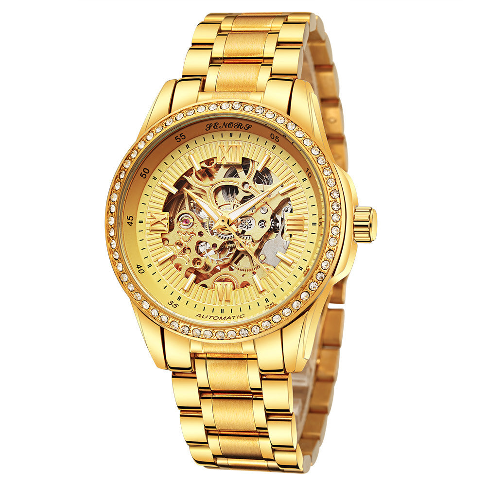 Gold wristwatch with intricate design on a white background
